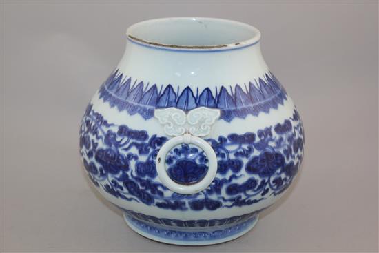 A rare Chinese blue and white two handled baluster vase, Zun, Qianlong period, height 19.5cm, glaze losses around a third of the rim